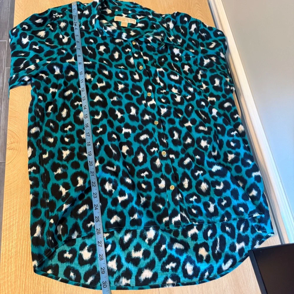 Michael‎ Kors Womens Teal Leopard Print Button Down Short Sleeve Blouse Large